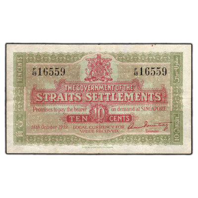 SOLD Straits Settlements 1919 10 Cents Note