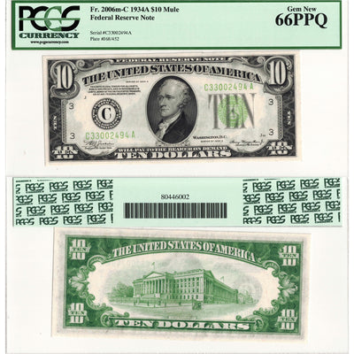 United States 1934 $10 Mule Federal Reserve Note Fr. 2006m-C - PCGS Gem UNC-66 PPQ
