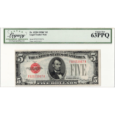 SOLD United States 1928 $5 Five Dollars Legal Tender Note Fr. 1528 - Legacy Ch UNC-63 PPQ