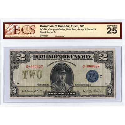 SOLD $2 1923 Dominion of Canada Note Blue Seal Series S DC-26i - BCS VF-25