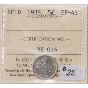SOLD Newfoundland 1938 5 Cents Silver Coin - ICCS EF-45