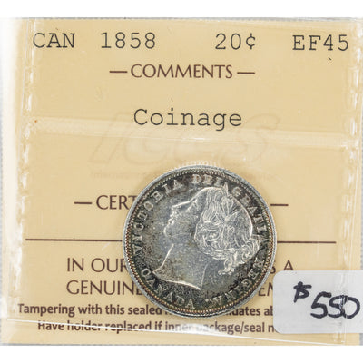 SOLD Canada 1858 20 Cents Silver Coin - ICCS EF-45