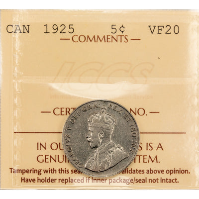 Canada 1925 5 Cents Nickel Coin Key Date! - ICCS VF-20