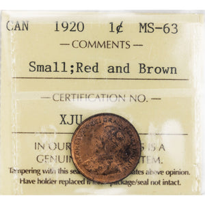 SOLD Canada 1920 1 Small Cent Coin - ICCS MS-63 Red & Brown