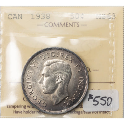 SOLD Canada 1938 50 Cents Half Dollar Silver Coin - ICCS MS-63