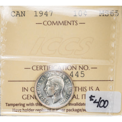 Canada 1947 10 Cents Dime Silver Coin - ICCS MS-65