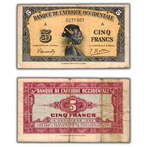SOLD French West Africa 1942 5 Francs Note P #28a