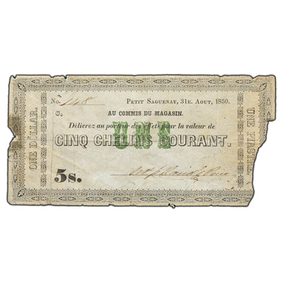 SOLD $1 / 5s 1850 Quebec Canada Price Bros Merchant Script QC #350-12-14 - Damaged