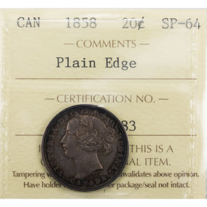 SOLD Canada 1858 Plain Edge 20 Cents Silver Coin - ICCS Specimen SP-64