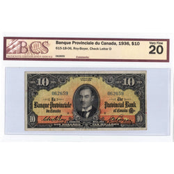 $10 1936 Banque Provinciale du Canada Chartered Note #615-18-06 - BCS VF-20