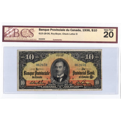 $10 1936 Banque Provinciale du Canada Chartered Note #615-18-06 - BCS VF-20