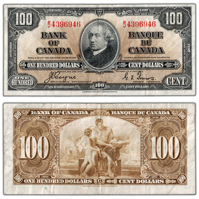 SOLD $100 1937 Bank of Canada Note Coyne-Towers B/J Prefix BC-27c - VF (minor tear)