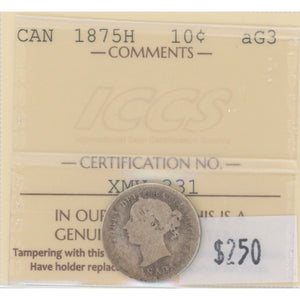 SOLD Canada 1875-H 10 Cents Dime Silver Coin - ICCS aG-3
