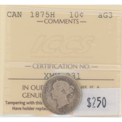 SOLD Canada 1875-H 10 Cents Dime Silver Coin - ICCS aG-3