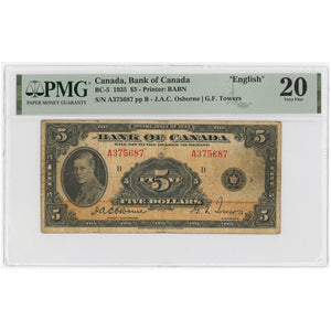 SOLD $5 1935 Bank of Canada Note English Text BC-5 - PMG VF-20