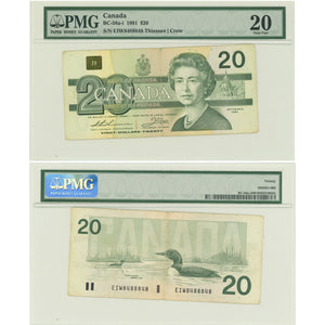 SOLD $20 1991 Bank of Canada Note BC-39bA - 2 Digit Radar - PMG VF-20