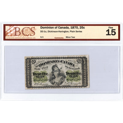 SOLD 25 Cents 1870 Dominion of Canada Shinplaster Note DC-1c - BCS F-15