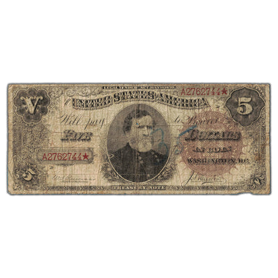 SOLD United States 1890 $5 Treasury Note "Ornate Back" - Writing/Small Hole