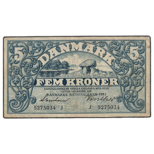 SOLD Denmark 1942 5 Kroner Note P #30h
