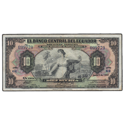 SOLD Ecuador 1943 10 Sucres Note P #92b