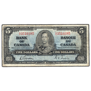 SOLD $5 1937 Bank of Canada Note Gordon-Towers C/C Prefix BC-23b