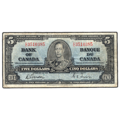 SOLD $5 1937 Bank of Canada Note Gordon-Towers C/C Prefix BC-23b