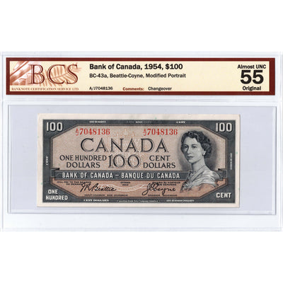 SOLD $100 1954 Bank of Canada Note Beattie-Coyne A/J Prefix BC-43a - BCS AU-55