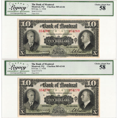 $10 1938 Bank of Montreal Chartered Notes #505-62-04 - 2 Consec Legacy AU-58