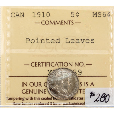 SOLD Canada 1910 Pointed Leaves 5 Cents Silver Coin - ICCS MS-64