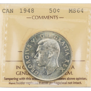 SOLD Canada 1948 50 Cents Half Dollar Silver Coin - ICCS MS-64