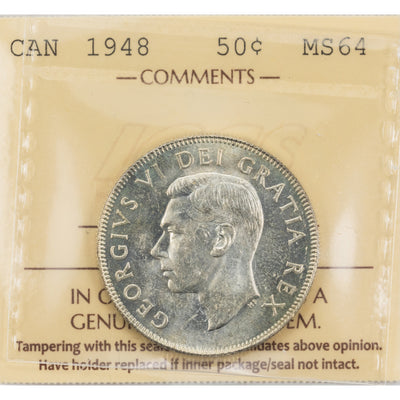 SOLD Canada 1948 50 Cents Half Dollar Silver Coin - ICCS MS-64