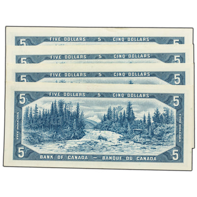 SOLD $5 1954 Bank of Canada Notes Beattie-Rasminsky J/X Prefix BC-39b - 4 Consecutive