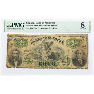 SOLD $4 1871 Bank of Montreal Canada Chartered Note #505-34-02 - PMG VG-8