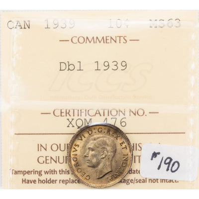 SOLD Canada 1939 Double '1939' 10 Cents Dime Silver Coin - ICCS MS-63