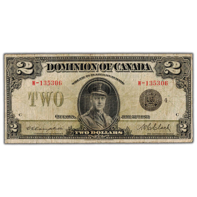 SOLD $2 1923 Dominion of Canada Note Black Seal Series W DC-26l - Fine
