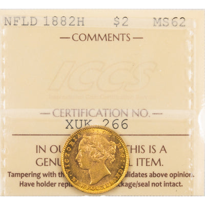 SOLD Newfoundland 1882-H $2 Two Dollars Gold Coin - ICCS MS-62
