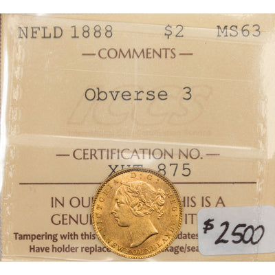 SOLD Newfoundland 1888 Obverse 3 $2 Two Dollars Gold Coin - ICCS MS-63