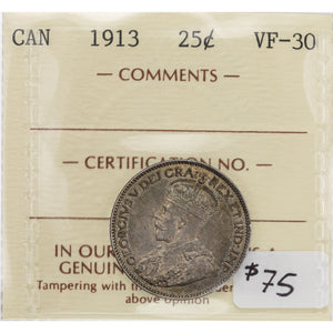 SOLD Canada 1913 25 Cents Quarter Silver Coin - ICCS VF-30