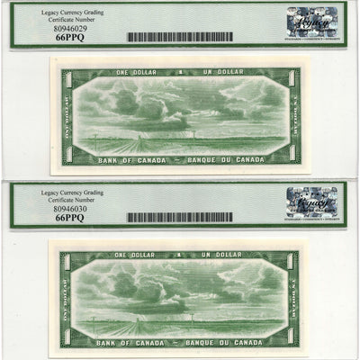SOLD $1 1954 Bank of Canada Notes Misaligned Serials From Same Sheet - Legacy 66 PPQ