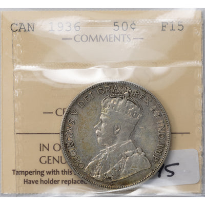 SOLD Canada 1936 50 Fifty Cents Silver Coin - ICCS F-15