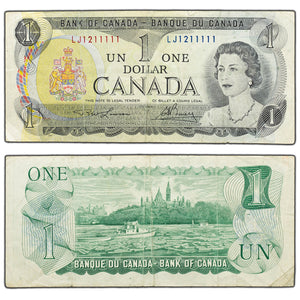 SOLD $1 1973 Bank of Canada Note LJ Prefix - Near Solid Serial 1211111
