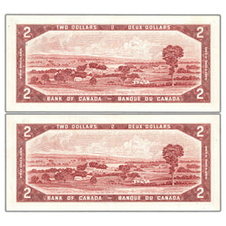 $2 1954 Bank of Canada Notes U/R Prefix BC-38b - 2 Consecutive AU-58