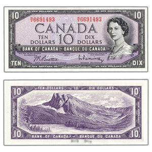 SOLD $10 1954 Bank of Canada Note Beattie-Rasminsky N/V Prefix BC-40b - Abt. AU