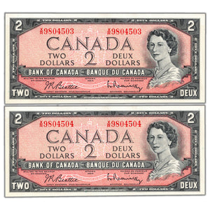 SOLD $2 1954 Bank of Canada Notes X/R Prefix BC-38b - 2 Consecutive AU-58