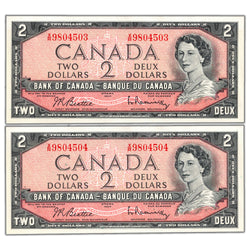 $2 1954 Bank of Canada Notes X/R Prefix BC-38b - 2 Consecutive AU-58