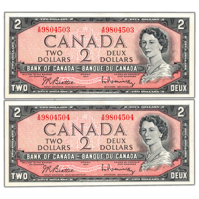$2 1954 Bank of Canada Notes X/R Prefix BC-38b - 2 Consecutive AU-58