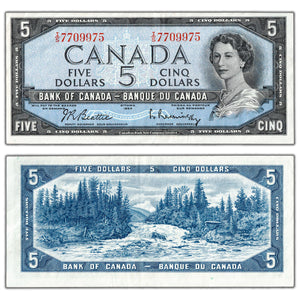 SOLD $5 1954 Bank of Canada Note Beattie-Rasminsky I/S Prefix BC-39b - EF+