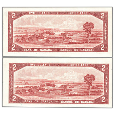 $2 1954 Bank of Canada Notes X/R Prefix BC-38b - 2 Consecutive AU-58