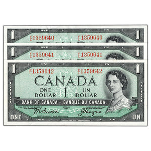 SOLD $1 1954 Bank of Canada Notes F/L Prefix BC-37a - 3 Consecutive EF