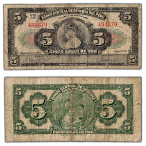 SOLD Peru 1944 5 Five Soles Note P #66a - Circulated
